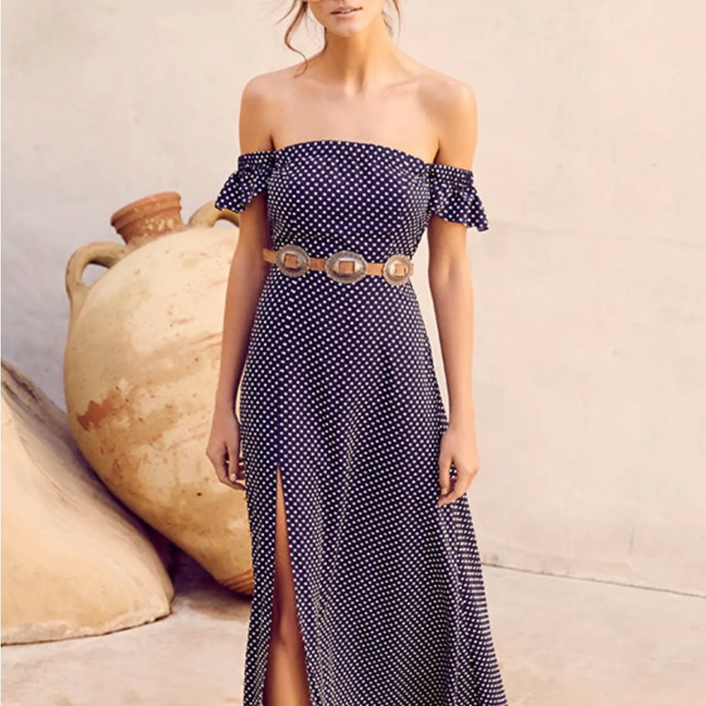 Lulus Dream Love Navy Blue Polka Dot Off-the-Shoulder Maxi Dress - Picture 6 of 10
